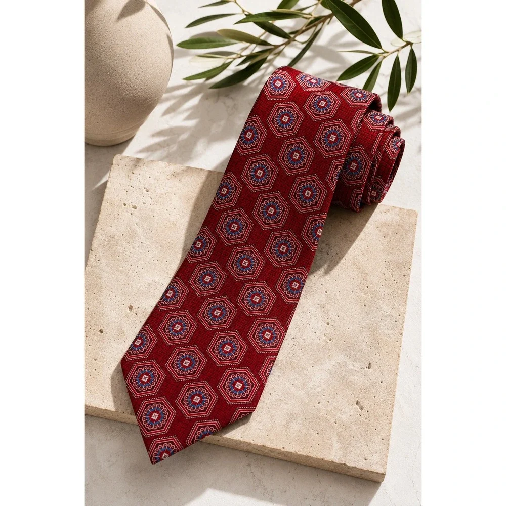 Nordstrom Mens Shop Red Silk Geometric Medallion Necktie Classic Formal Tie